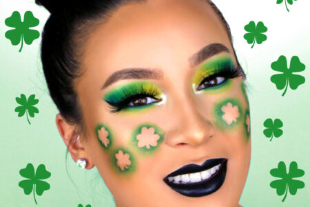 St Patricks Day Makeup with green eyeshadow and shamrocks on cheeks