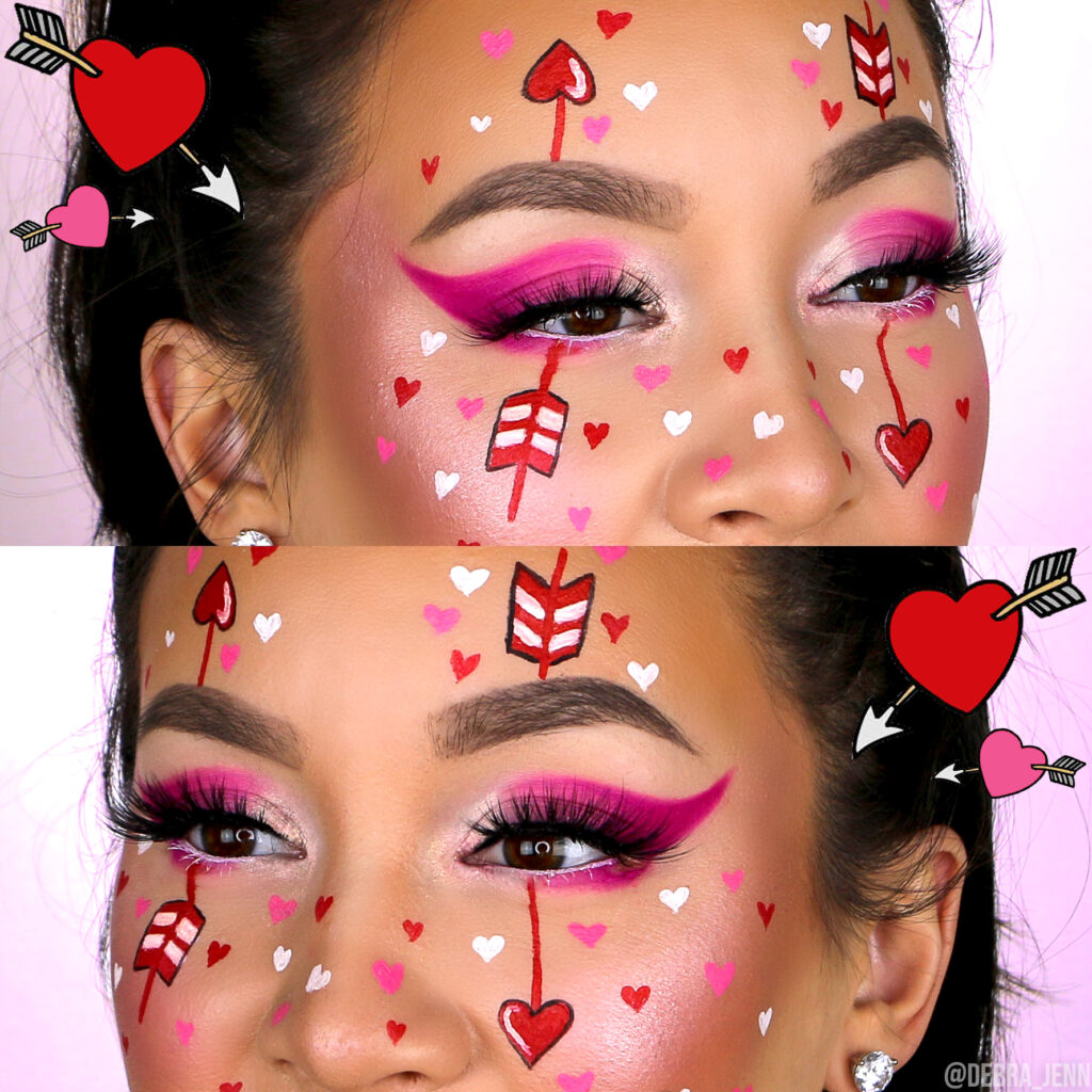 debra jenn in pink eyeshadow with hearts and cupid's arrow in face paint