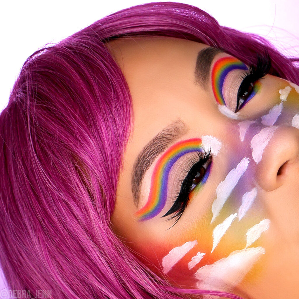 Rainbow Cut Crease Eyeshadow with Clouds on Cheeks Closeup
