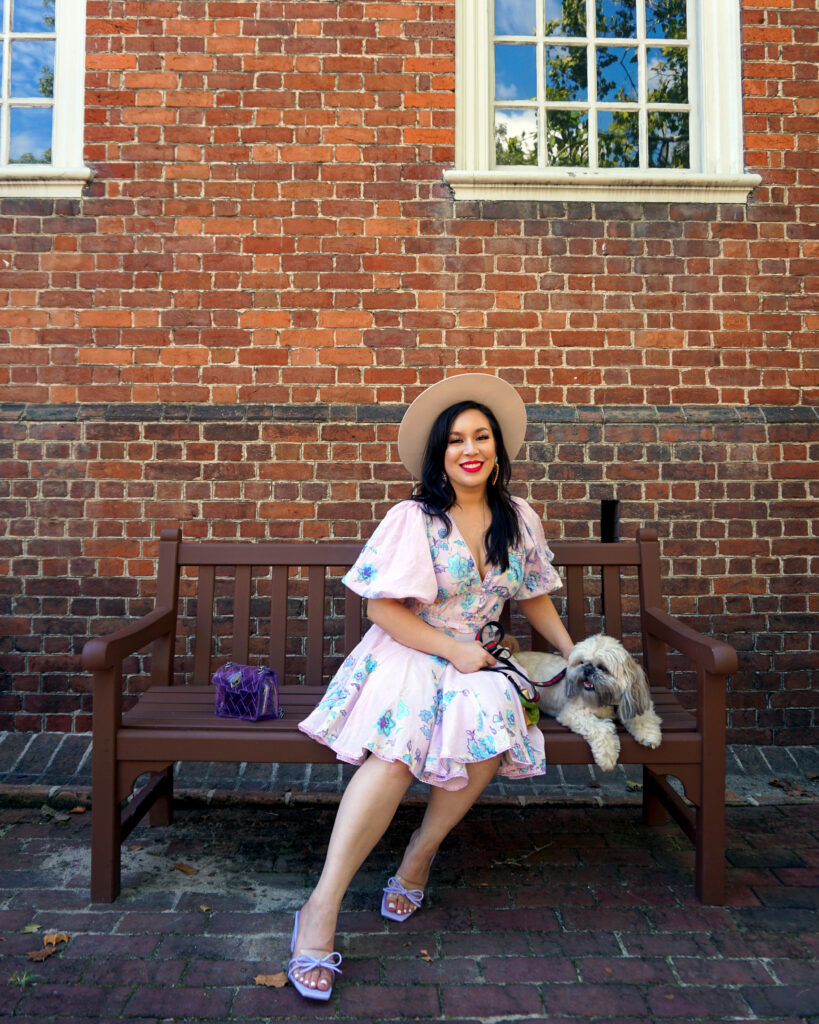Debra Jenn and her dog Gizmo in Colonial Williamsburg