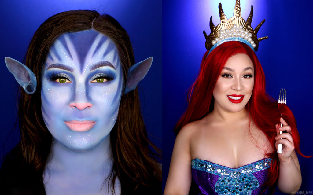 cosplay halloween costumes: blue alien from avatar on the left and ariel from the little mermaid on the right, combing her hair with a fork