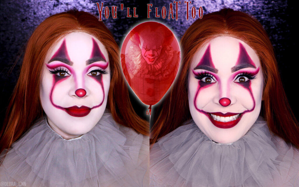 Pennywise Makeup tutorial featuring scary clown face paint with two triangles above eyes and lines down the face leading to the mouth and a scary smile