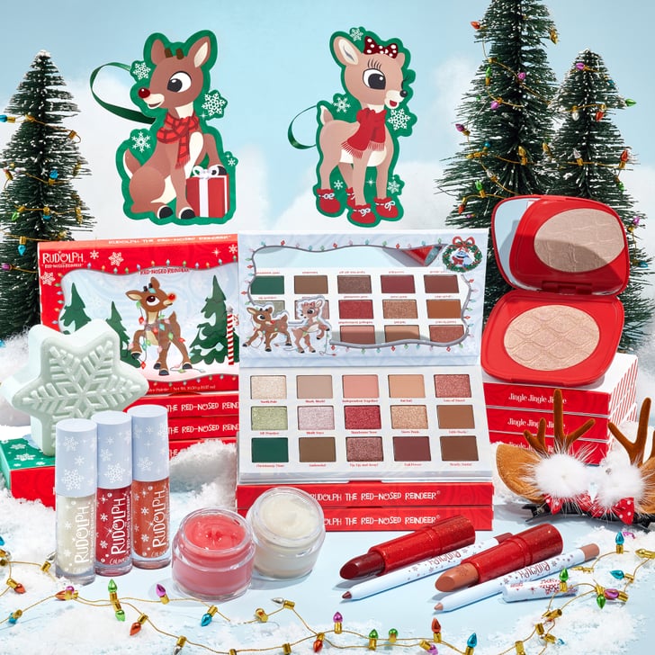 The full ColourPop Rudolph Makeup Collection, showing the palette, lip glosses, lipstick, lip scrub, lip mask, and highlighter