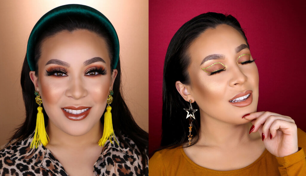 Fall Makeup Looks: Debra Jenn wearing a golden bronze eyeshadow look on the left and neutral eyeshadow with gold glitter eyeliner on the right