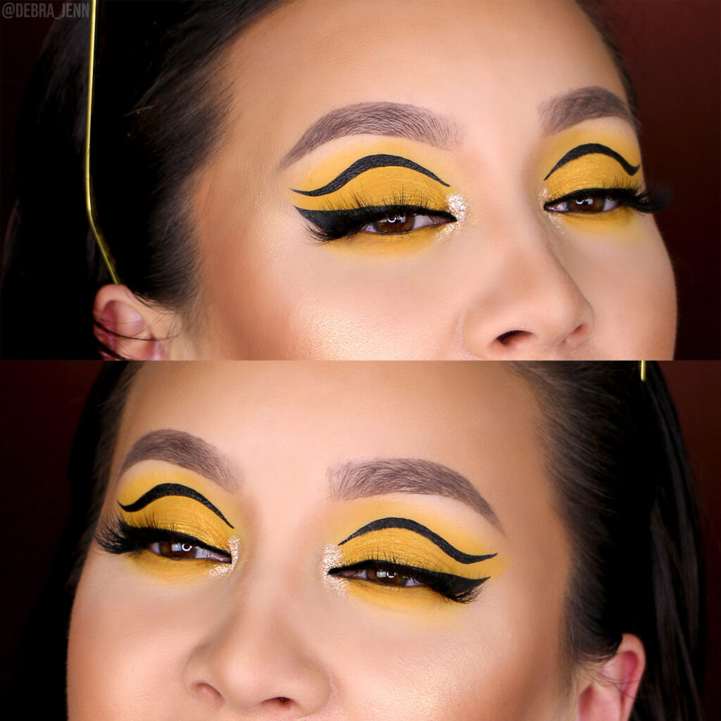 closeup of debra jenn in yellow eyeshadow with graphic liner
