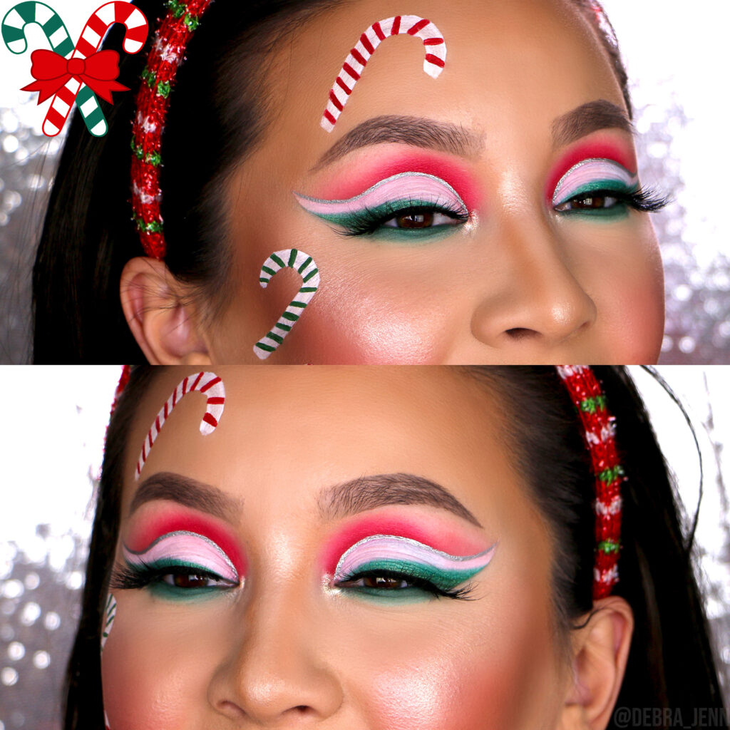 Debra Jenn in Christmas makeup, featuring red and green eyeshadow look with silver eyeliner and candy canes drawn on forehead and cheek
