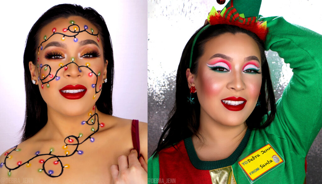 christmas makeup looks showing debra jenn's holiday lights makeup and green and red eyeshadow side by side