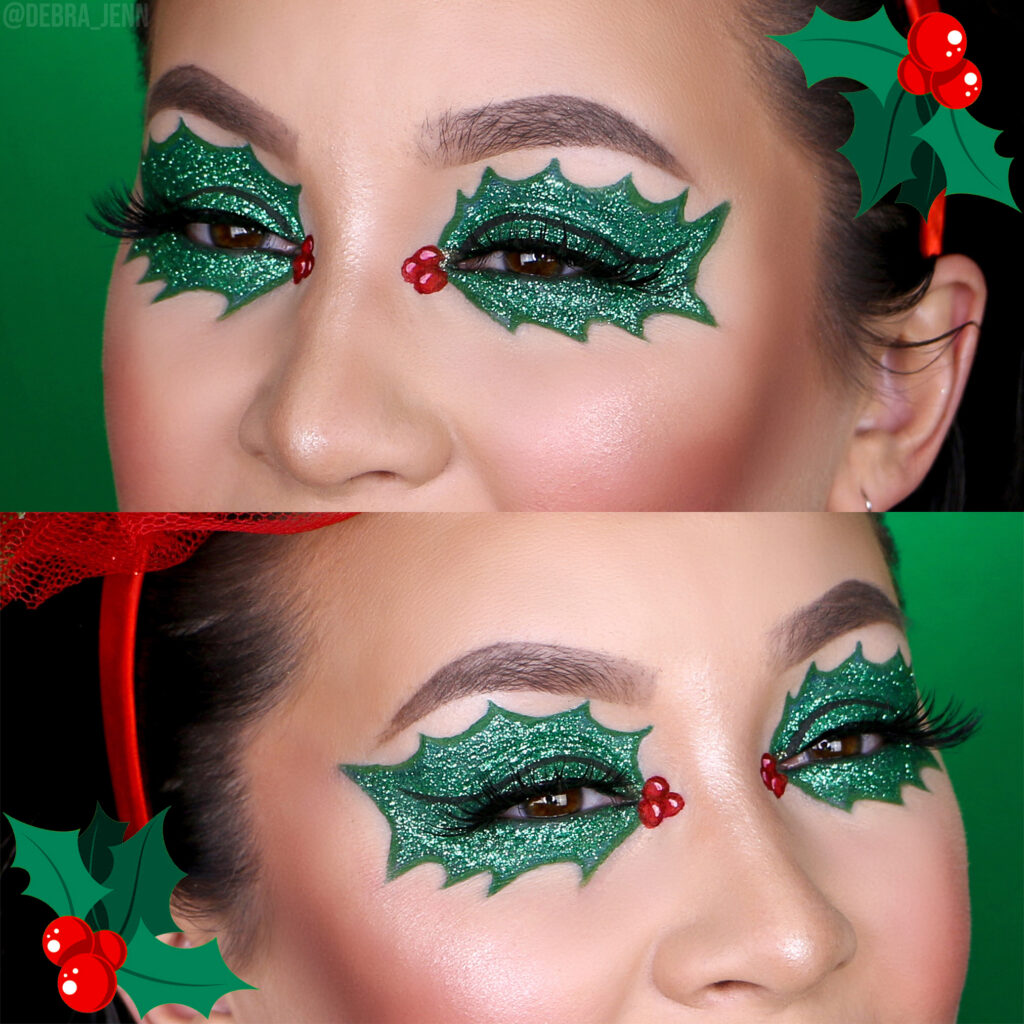 Debra Jenn in mistletoe eye makeup look with leaf shaped eyeshadow covered in green glitter and red berries in the inner corner of the eyes. 