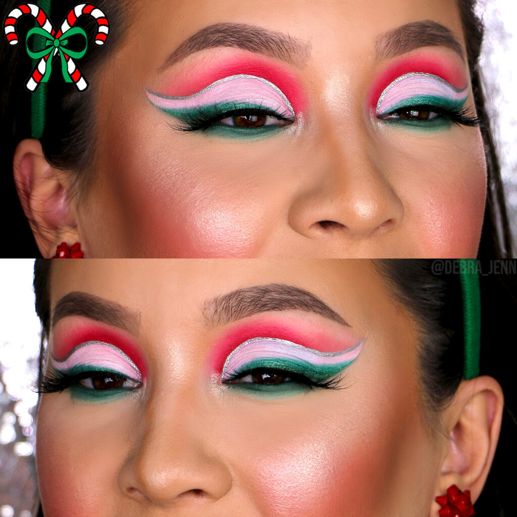 Debra Jenn wearing red and green eyeshadow look with silver eyeliner, the perfect Christmas eye makeup

