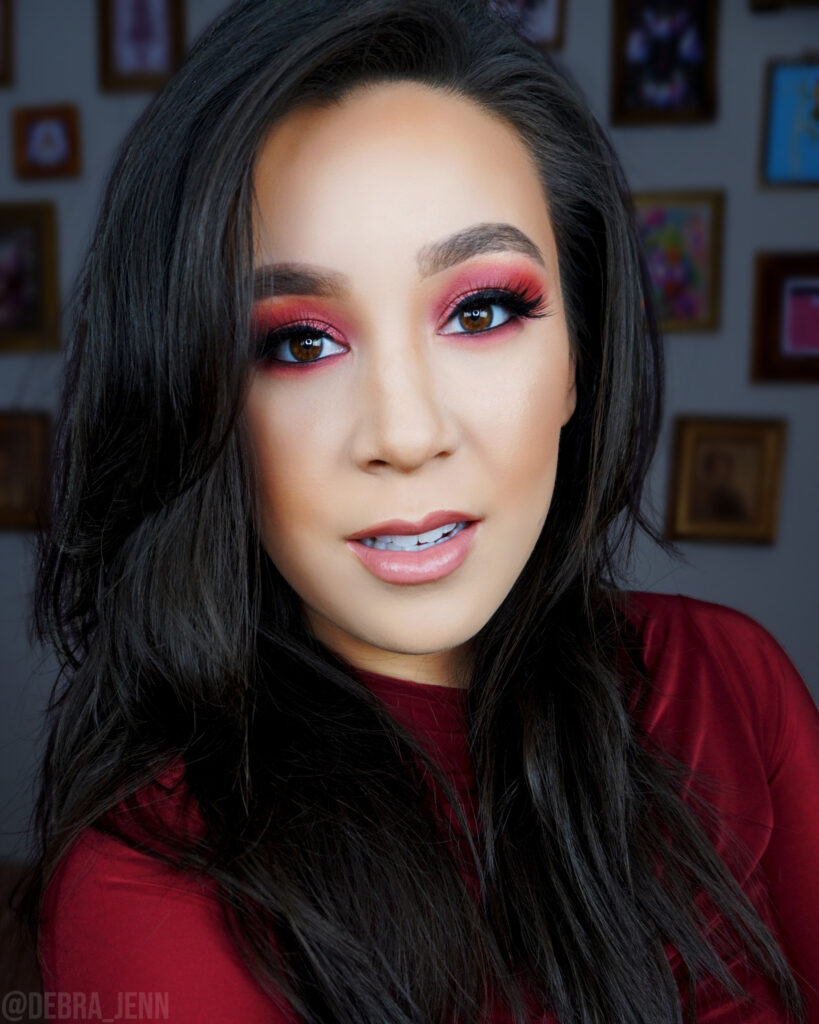 Debra Jenn in Red Christmas Eye makeup and nude lipstick perfect for a holiday party