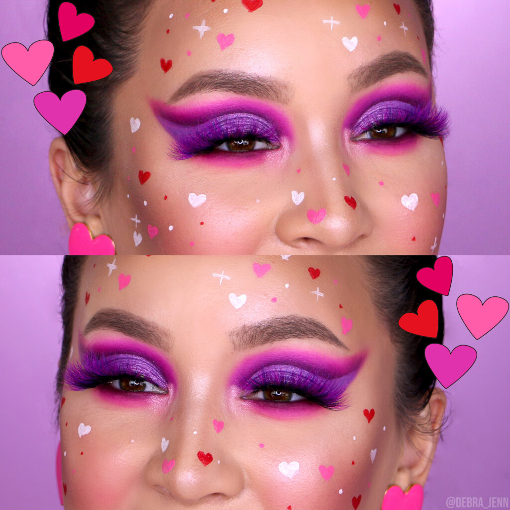 debra jenn in pink and purple eyeshadow with hearts on face