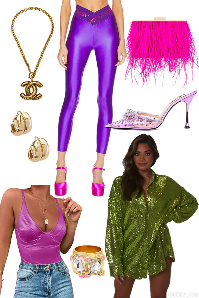 cute summer outfits - purple versace leggings with green sequin top