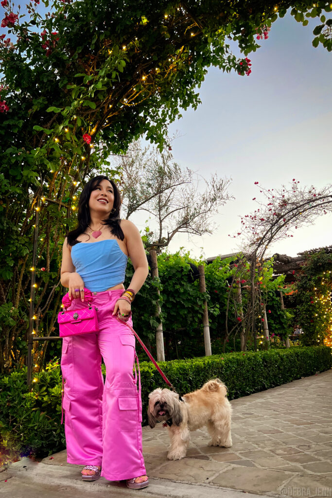 cute summer outfit ideas - pink satin wide leg cargo pants and blue corset top