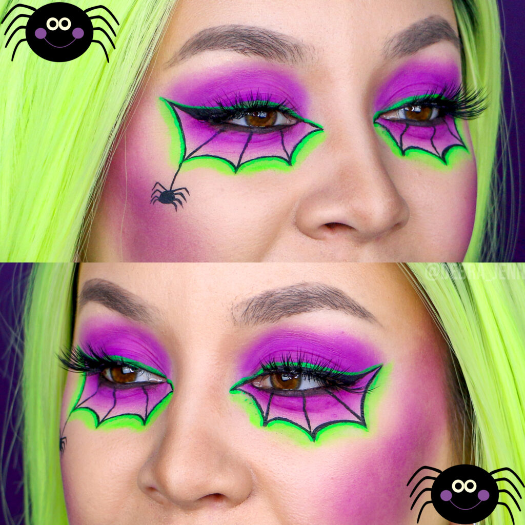 Halloween eye makeup - green cobweb eyeliner with purple eyeshadow