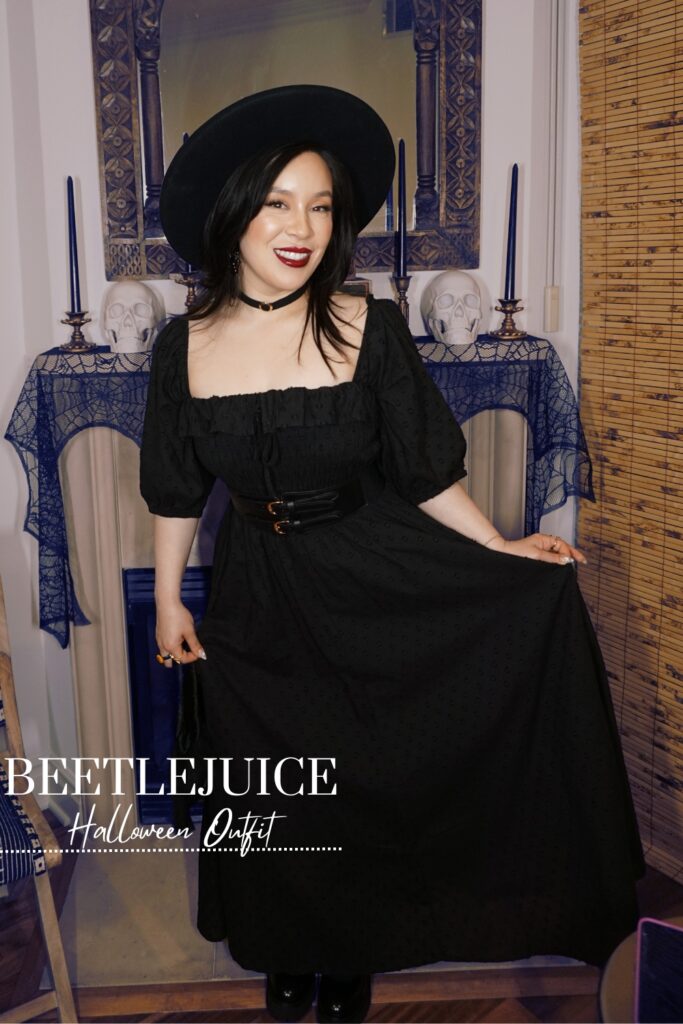 All Black Halloween Outfits: lydia deetz inspired dress with hat