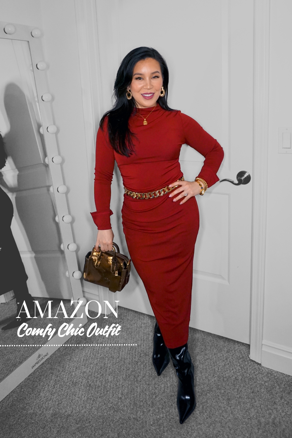 Christmas Outfit Ideas - stretchy maxi bodycon dress with knee high boots